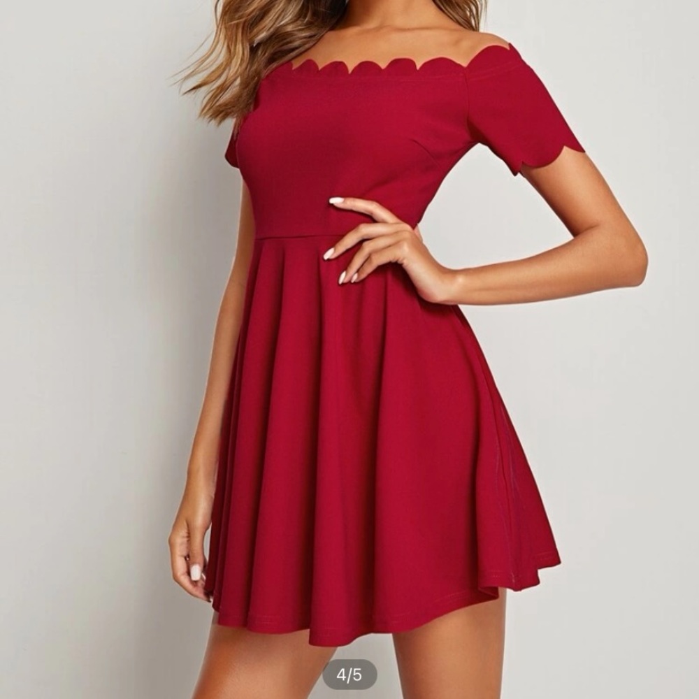 SHEIN Scallop Trim Fit and Flare Bardot Dress